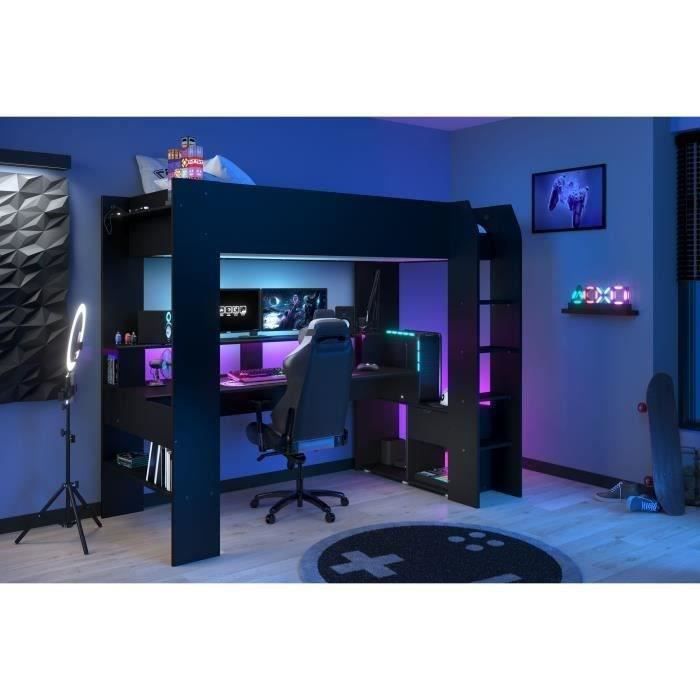 LED Gamer ONLINE Combined Children's Loft Bed - 90 X 200 Cm - Matt Black - Bed Base Included - PARISOT