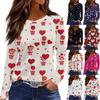 Women's Fashionable Long-Sleeved Round Neck Top with Slit Hem and Valentine's Day Heart Print