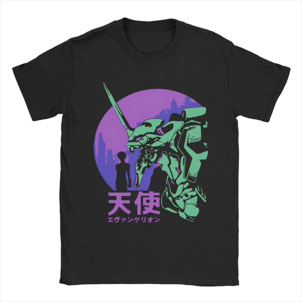 Неон Genesis Evangelion Единица-01 Эпизод 1 «Атака Ангела» Манга Стиль Фиолетовая Печать Оверсайз Черная Футболка | Классический Меха Аниме Фан Мерч Футболка