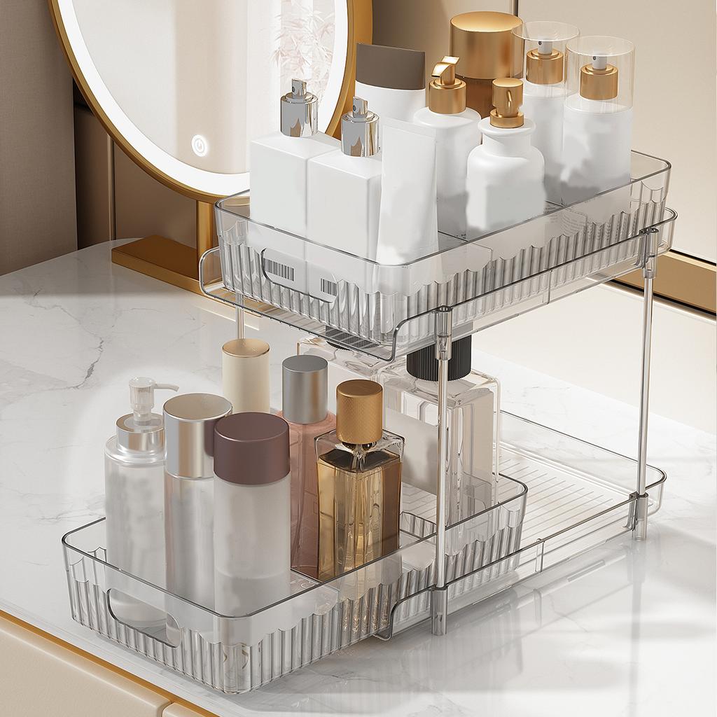 Double Layer Cosmetic Organizer Shelf Multifunctional Plastic Bathroom Shelf Pull Out Cabinet Storage Kitchen Organizer