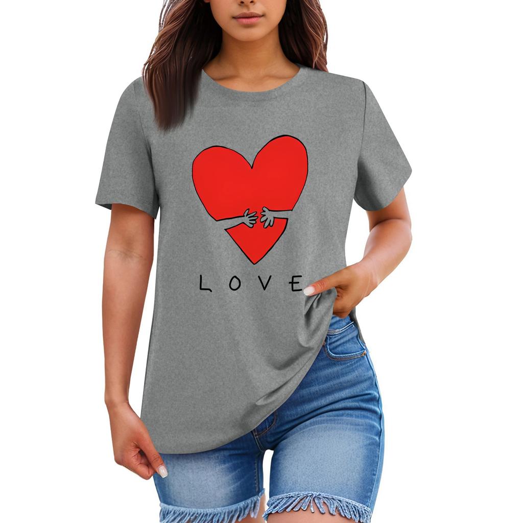 Ladies' Loose Comfortable Casual Fashionable Heart And LOVE Character Pattern Printed Round Neck Short Sleeved Shirt