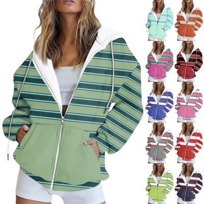 Женская толстовка с длинными рукавами в полоску с принтом пэчворк, карман на молнии, куртка с капюшоном