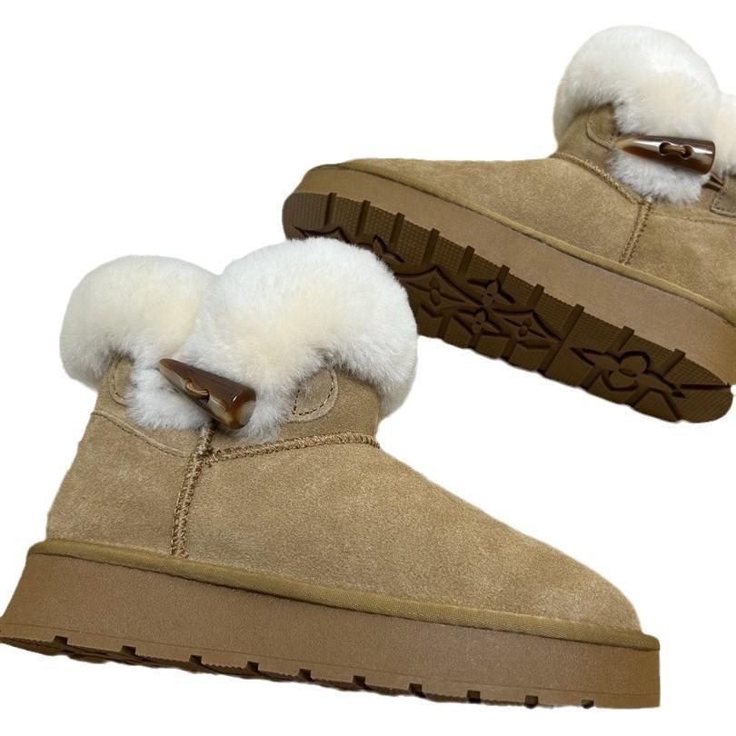 Меховые интегрированные зимние ботинки женские короткие ботинки на толстой подошве с роговой пряжкой женские ботинки осень и зима бархатные теплые хлопковые ботинки натуральная кожа хлопок