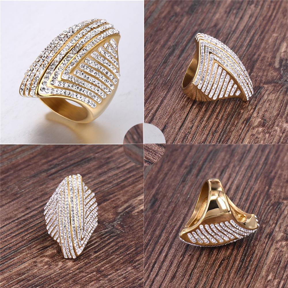 Hip Hop Iced Out Bling Big Oval Ring Female Gold Color Stainless Steel Large Cocktail Rings For Women Party Jewelry Gift