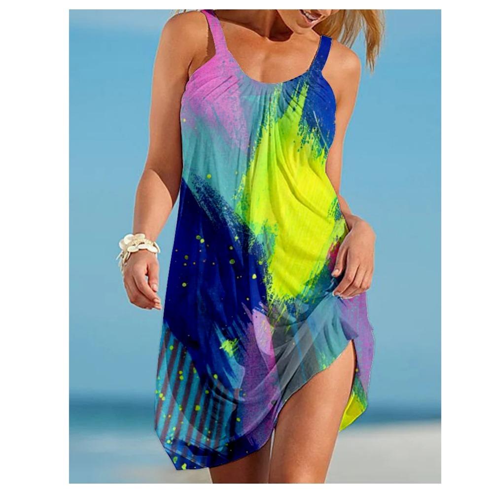 Летнее Радужное Цветное Пляжное Платье с Принтом Tie Dye Женские Платья Без Рукавов Праздничная Пляжная Одежда Для Девочек Слинг Миди Вечернее Платье Одежда