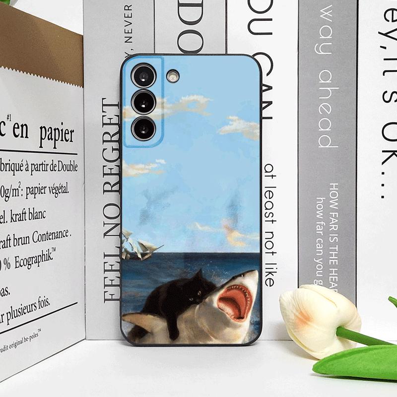 Забавный абстрактный чехол для телефона с акулой и черной кошкой для Samsung Galaxy S24+ S25 S23 Ultra S22 Plus S21FE M53 M34 M55 5G Матовый мягкий чехол