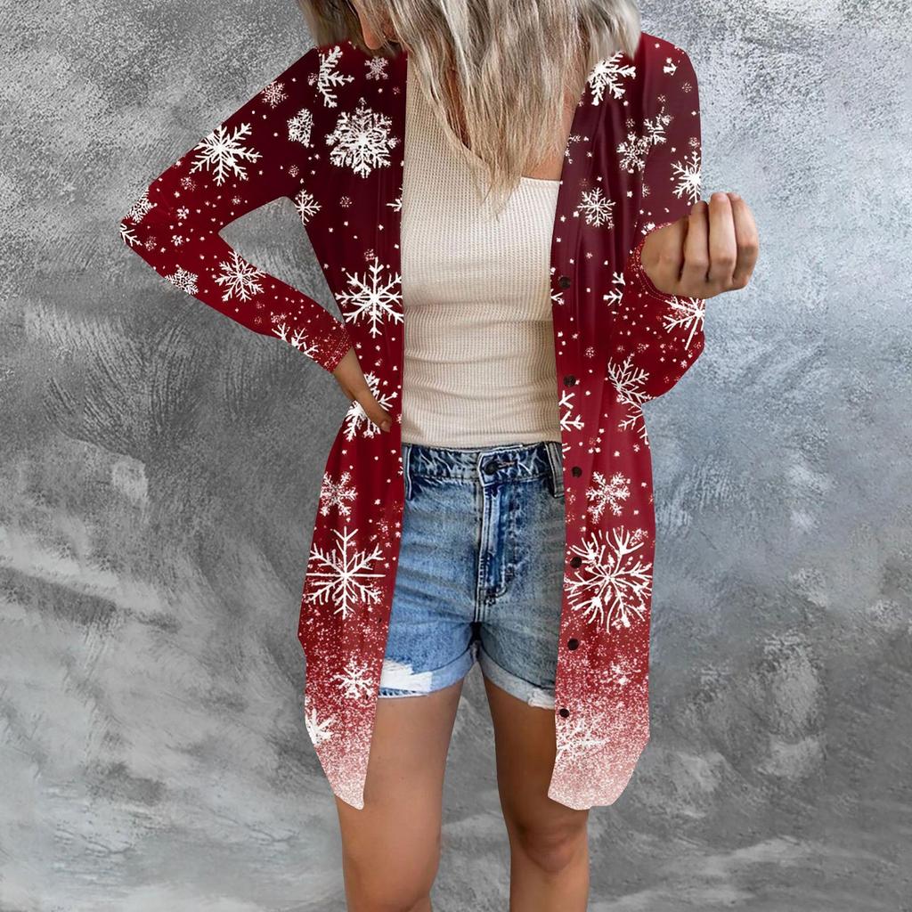Women's Fashion Casual Long-sleeved Print Medium Length Cardigan Button Jacket Coat