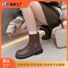Ретро круглый носок толстый каблук тонкие короткие ботинки женские осень и зима новые выстиранные усаженные боковая молния толстая подошва ботинки Мартин