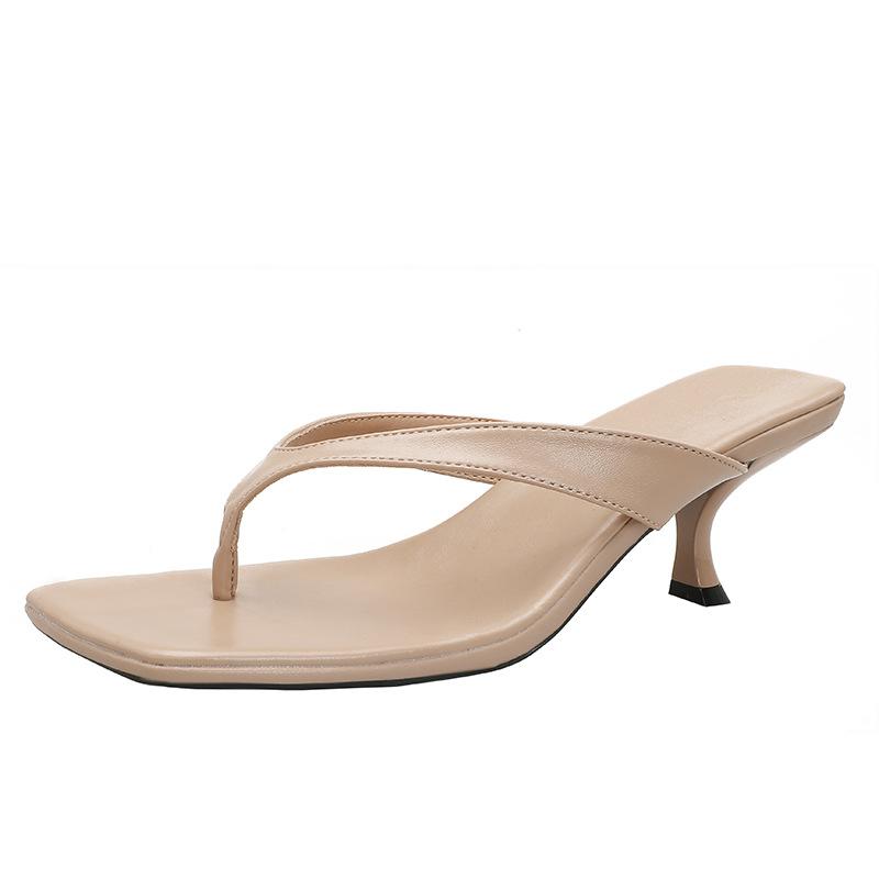 2025 Summer New French Square Head Kitten Heel Pinch Sandals Large Size High Heel Flip-flops Women's Fashion Outer Wear
