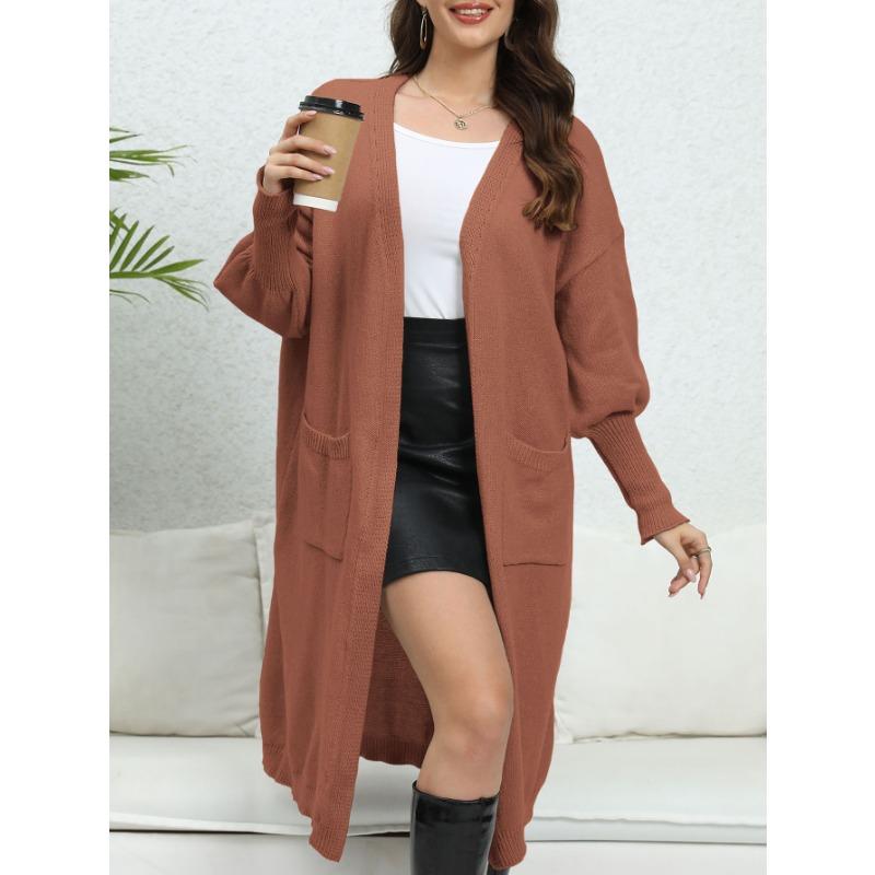 Women's Sweater Cardigan Long Loose Jacket Double Pocket Lantern Sleeve Sweater Cardigan
