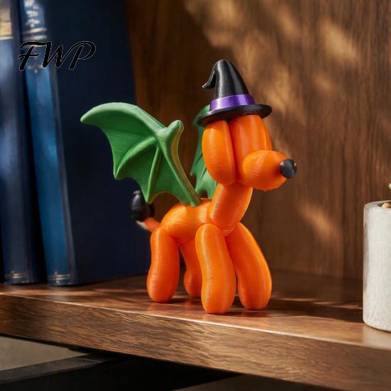 Decorative Dog Sculpture with Witch Hat Halloween Balloon Puppy Figurine, 3D Printed Cute Statue And Modern Room Decor for Office Bat Wings,