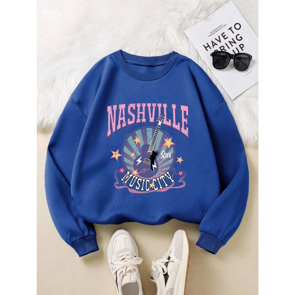 Street Woman Pullover Nashville Music Cith Poster Printing Hoodie Crewneck Loose Fleece Soft Sweatshirt Autumn Female Clothes