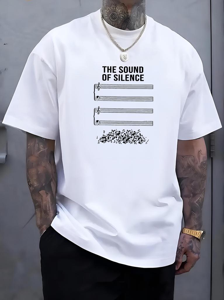 Unisex White Crew Neck Tee The Sound Of Silence Blank Staff Chaotic Music Note Graphic Musician Minimal Casual Cotton Tops