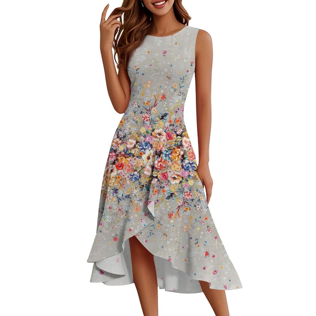 Женские модные повседневные платья без рукавов с круглым вырезом и принтом, элегантные, темпераментные, с оборками
