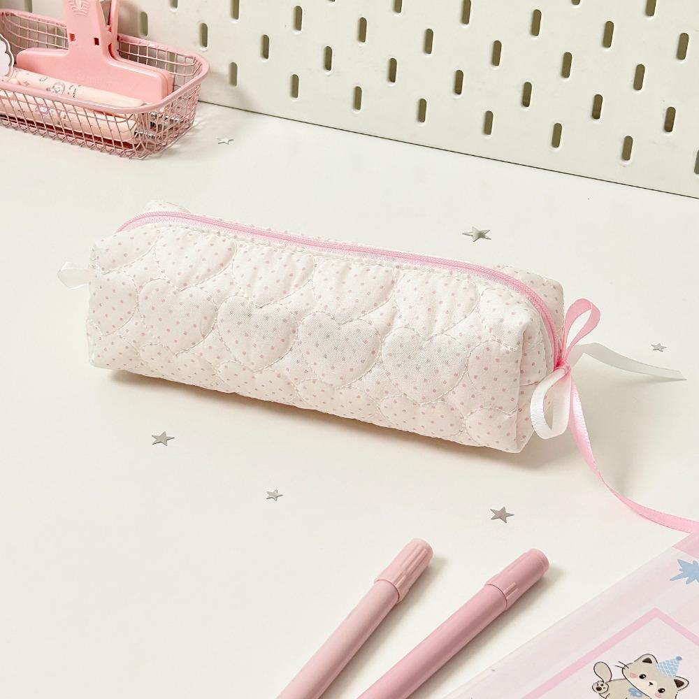 Polka Dot Print Pen Bag Pink White Stationery Pouch Cute Pencil Case Back To School