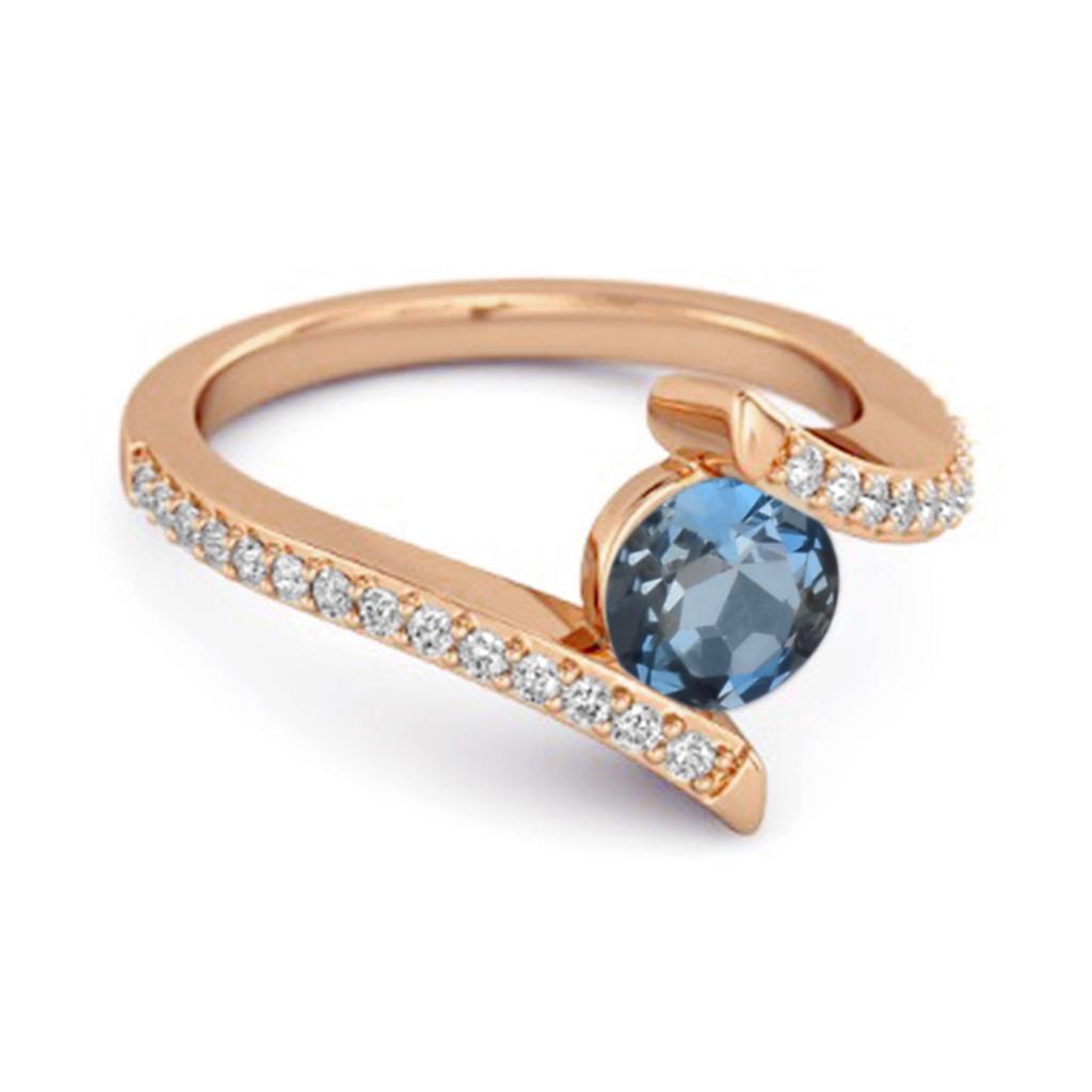 London Blue Topaz Contemporary Pave Bypass Ring - 925 Sterling Silver Rose Gold Vermeil