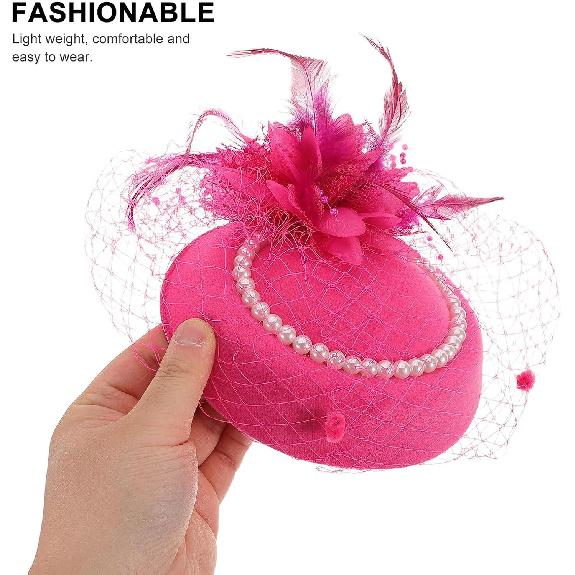 Fascinator Hat for Women Mesh Veil Pearl Decorative Hair Clip Rose Red Small Bridal Headpiece for Tea Party Banquet and Special Occasion Accessories