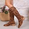 Сапоги до колена с леопардовым принтом, женские, осень-зима, с острым носком, на среднем каблуке, длинные, Botas Mujer, модные, с застежкой-молнией сзади, на квадратном каблуке