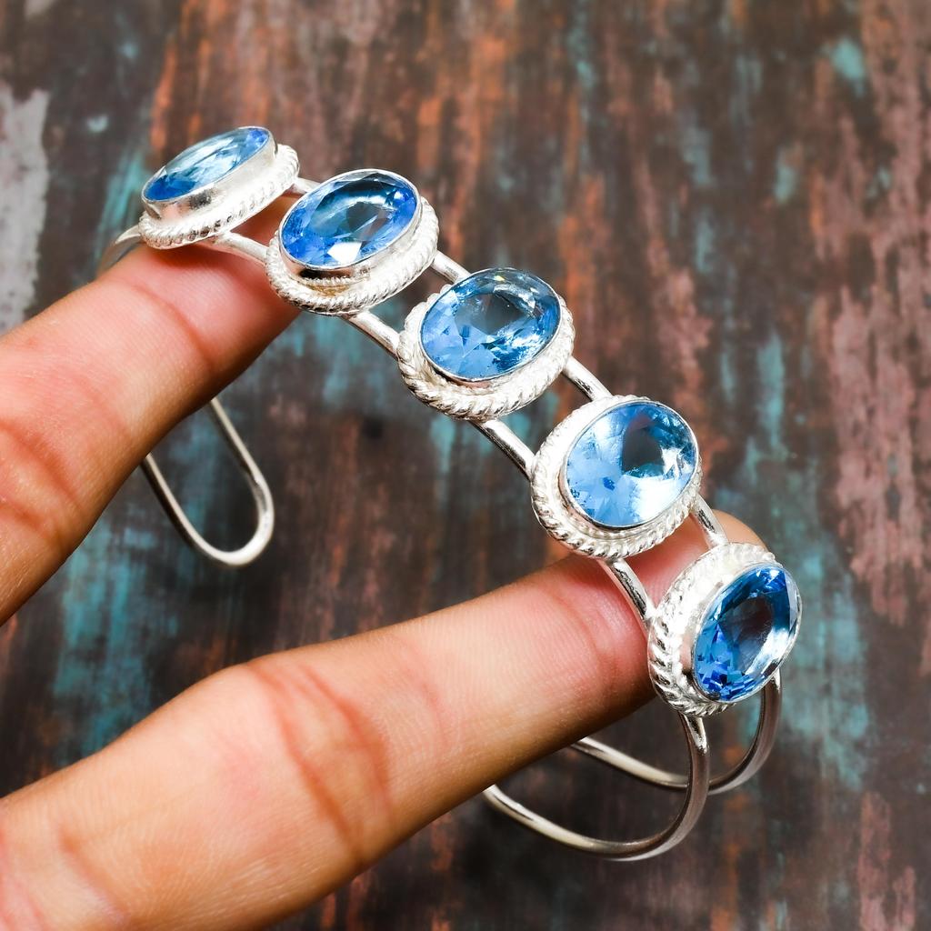 Swiss Blue Topaz, Gemstone Handmade Solid 925 Sterling Silver Jewelry Bangle For Women