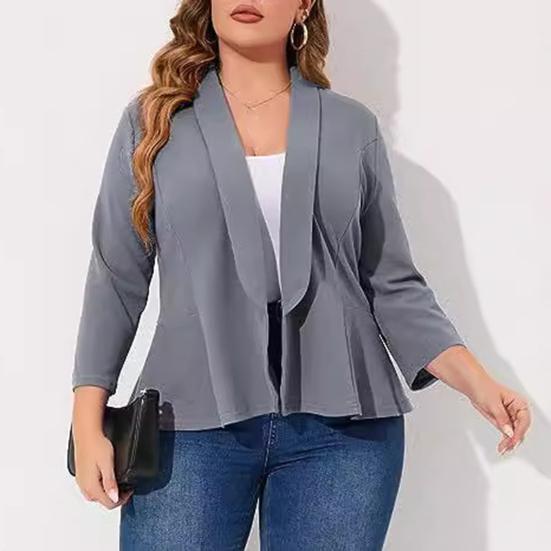 Plus Size Women Suit Coat Lapel Long Sleeve Ruffle Hem Open Front Suit Jacket Solid Color Versatile Business Outerwear