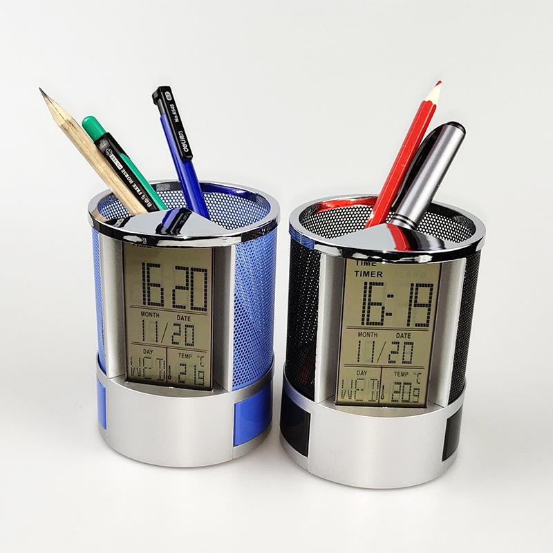 Креативный держатель для ручек из проволочной сетки, будильник, электронные настольные часы с повтором, с календарем температуры и влажности