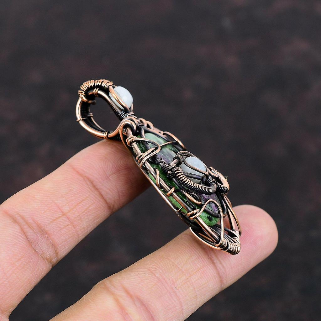 Подвеска с рубином и цоизитом от сглаза, медная проволочная обертка, радужный лунный камень, драгоценный камень, кулон ручной работы, медные украшения, подарок для женщин