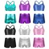 Kids Girls 2 Piece Ballet Active Outfits Shiny Tank Top with Booty Shorts Gymnastics Leotard Dance Gym Workout Clothes