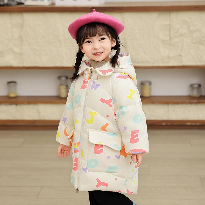 Детская пуховая куртка для девочек средней длины, новый стиль, утепленное стильное пальто для маленьких и средних детей