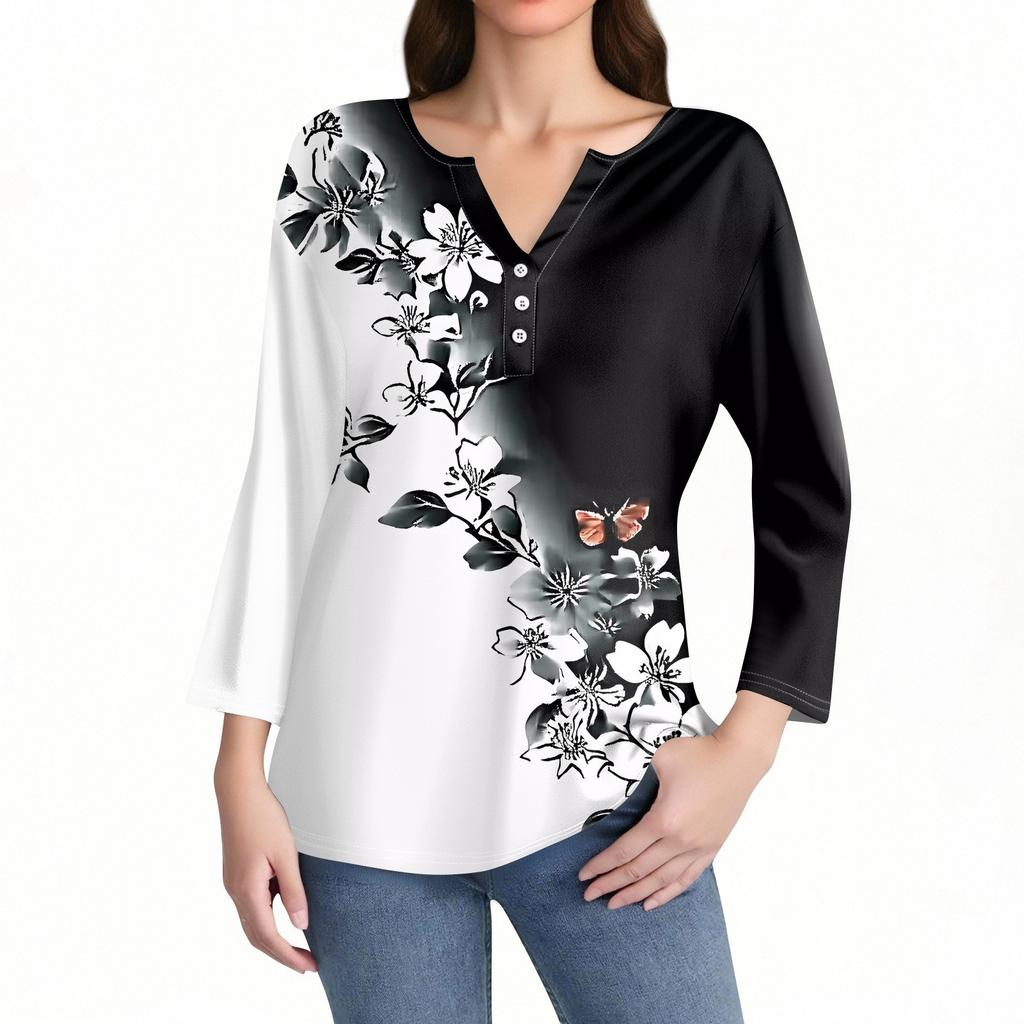 Жен. Футболка С принтом Пуговицы Рукав 3/4 Повседневные Выходные Мода Классический Классический V-образный вырез Обычный Верх