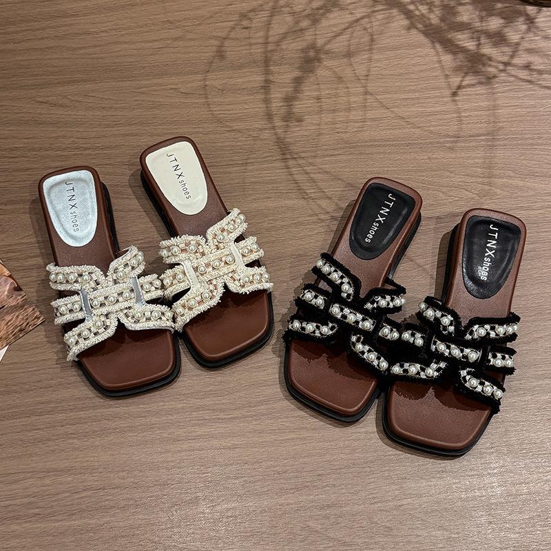 Xiaoxiangfeng High-heeled Slippers Women's Summer 2025 New Outer Wear Fashionable Pearl French with Skirt Comfortable Going Out Sandals