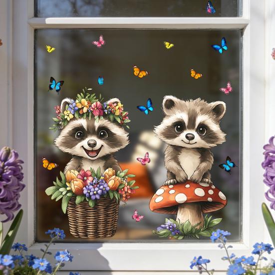 Spring Fox Window Clings Cartoon Fox Flowers Butterflies Glass Sticker Removable Cute Animal Window Decals for Home Office Shop