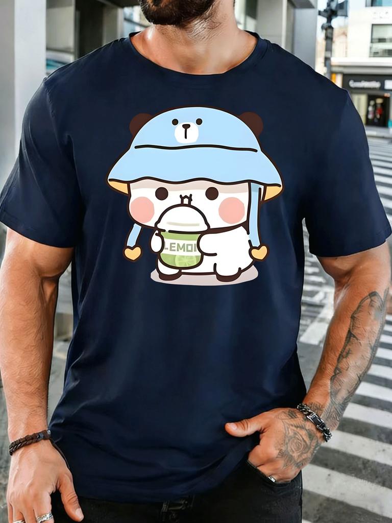 Cute Cartoon Character Blue Bucket Hat Lemon Tea Unisexs Print T Shirt Lovely Graphic Tee Casual Short Sleeve Top Drink Lover Gift