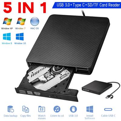 5-в-1 Портативный CD DVD ROM с портами USB/Type-C + Картридер/Перезаписывающее устройство SD/TF для ноутбука Mac/Linux Windows XP/10/8/7