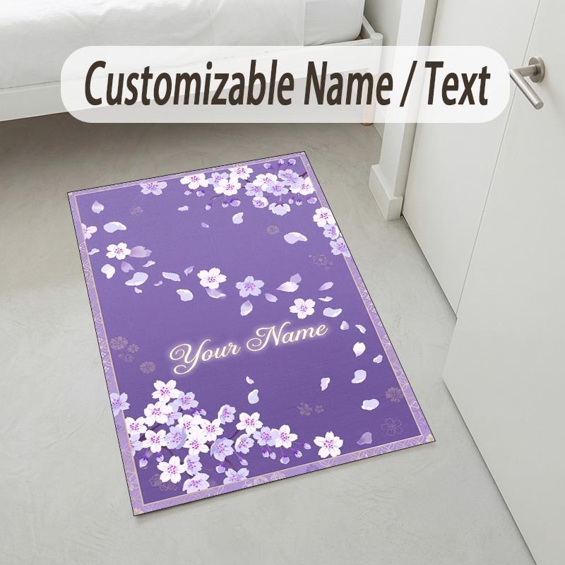 Cherry Blossom Theme Soft Crystal Velvet Rug Custom Name & Text Print Non Slip Floor Rug for Bedroom Living Room