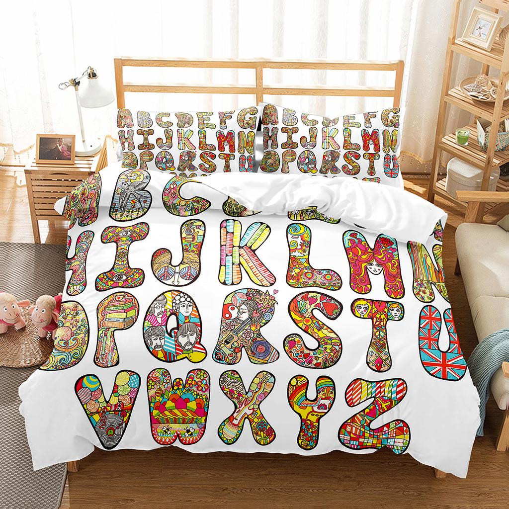Alphabet Duvet Cover Set Colourful Letter Pattern Polyester Comforter Cover King Queen Full Size for Kids Boys Girls Bedding Set