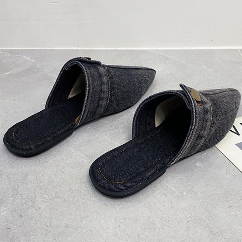 Женские полутапочки с острым носком, летние туфли на плоской подошве, модные повседневные тапочки из джинсовой ткани с закрытым носком для женщин, уличные женские туфли без каблуков