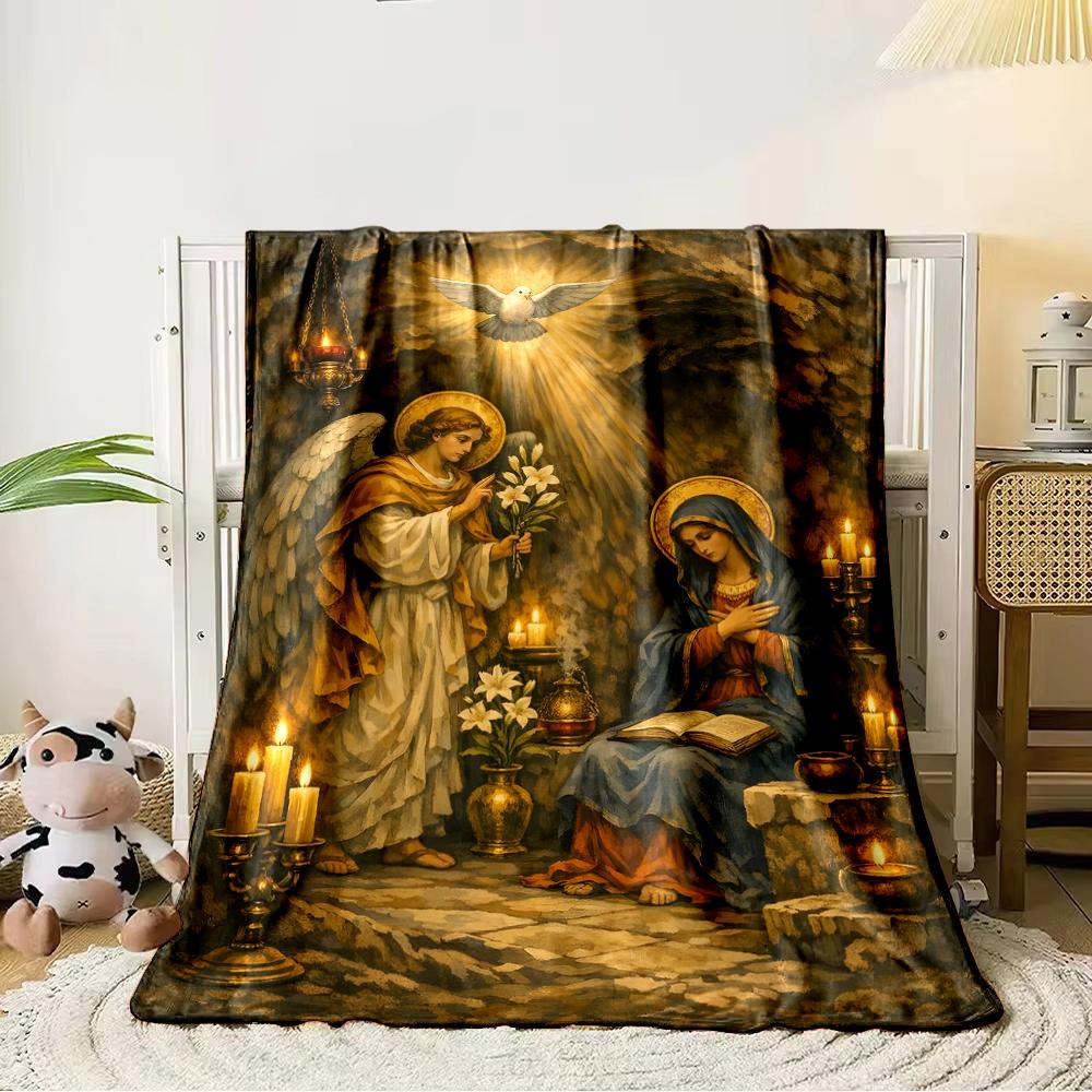 Angel and Virgin with Candlelit AmbianceFlannel blanket for bedroom, living room, sofa, and nap