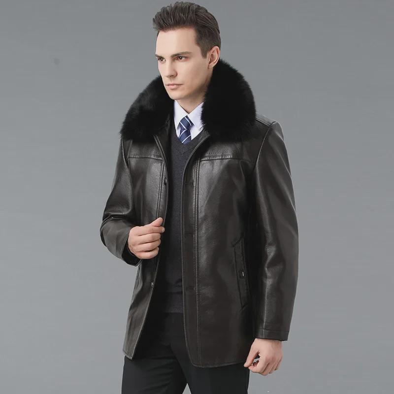 Men's Winter Sheepskin Leather Jacket with Detachable Liner and Real Fur Collar