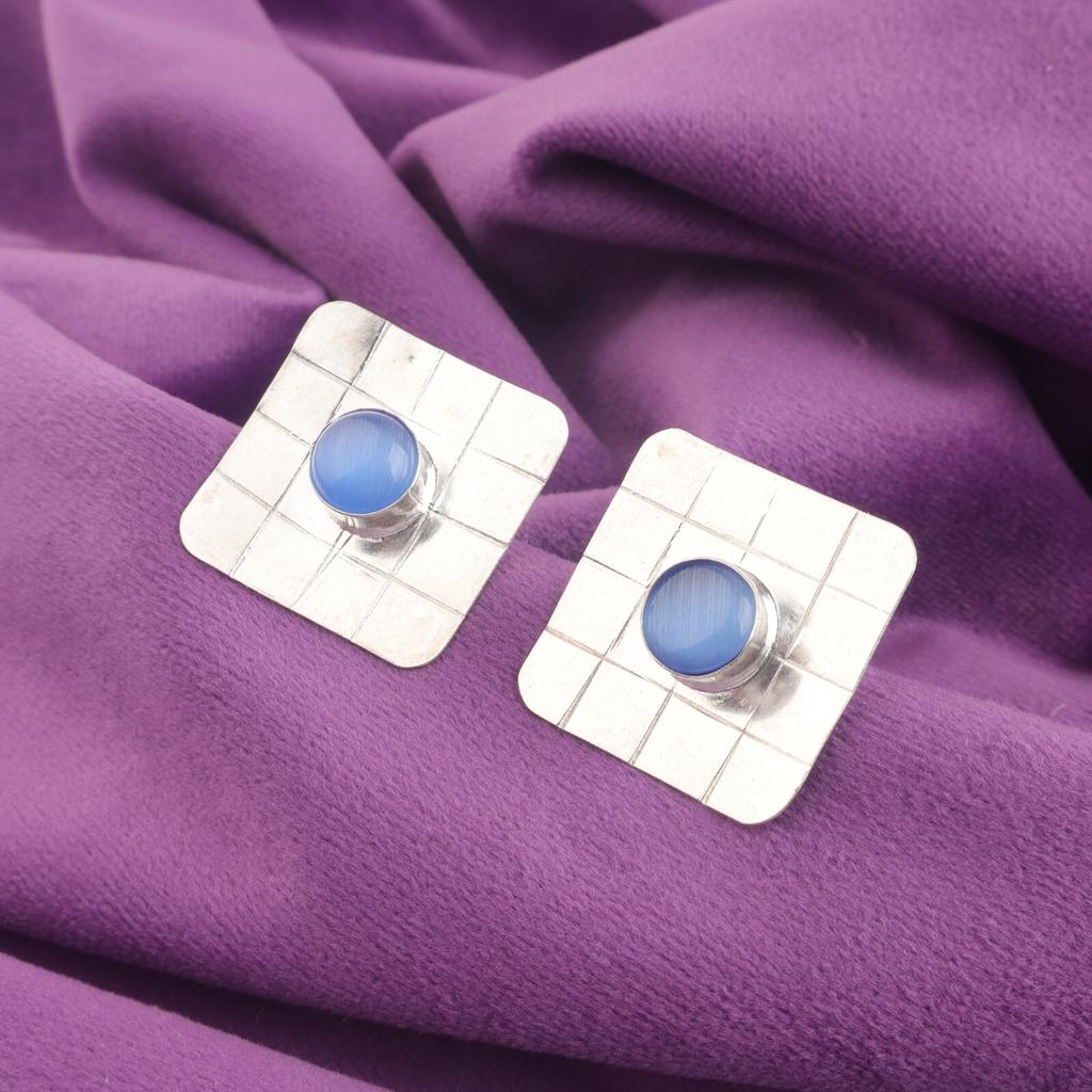 Dark Blue Cat's Eye Stone 925 Sterling Silver Handcrafted Boho New Stud Earrings EE-146-28