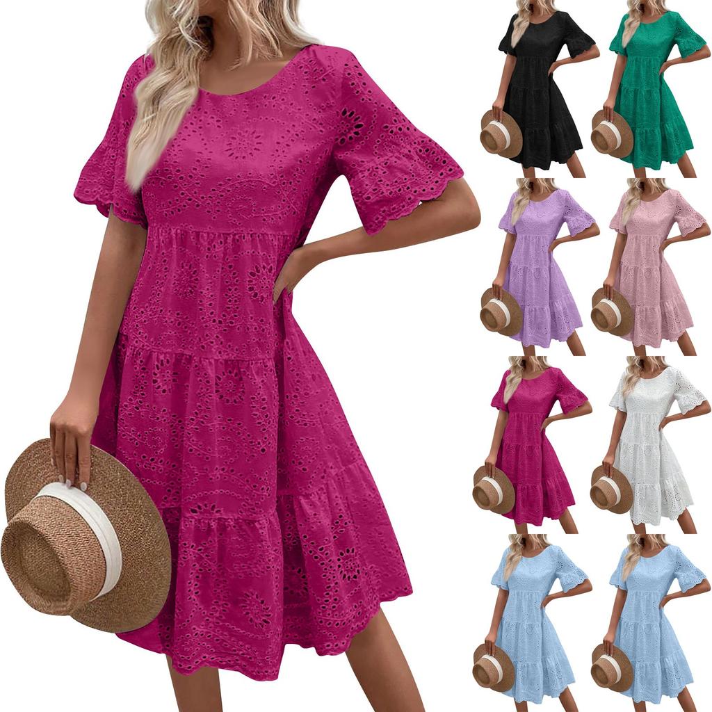 Модное однотонное хлопковое кружевное платье с вышивкой