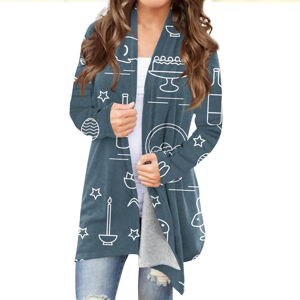 Женский кардиган с пасхальным принтом и длинными рукавами спереди, легкая куртка с принтом