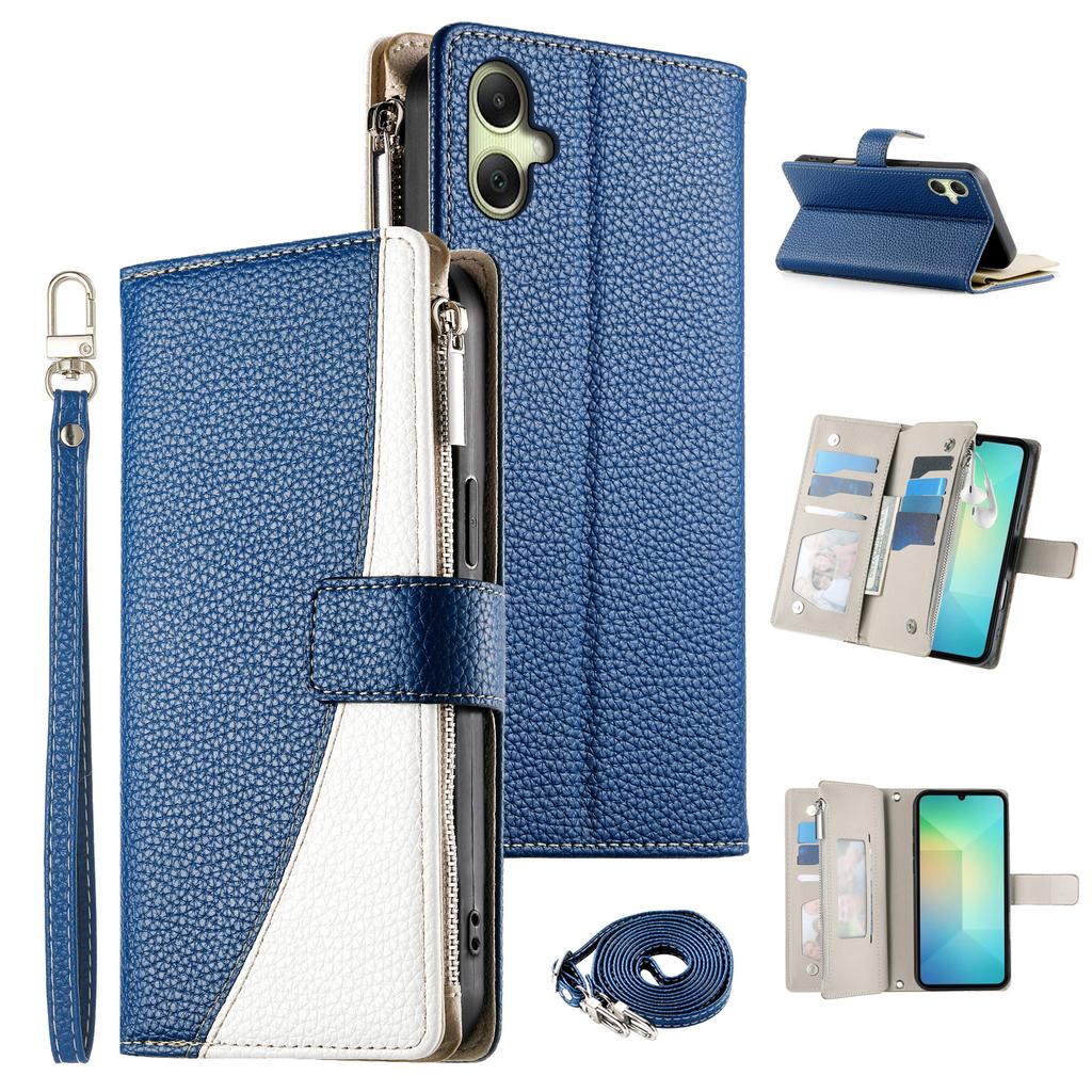For Samsung Galaxy A06 4G Case Zipper Wallet Color Splicing Leather Flip Phone Cover with Straps