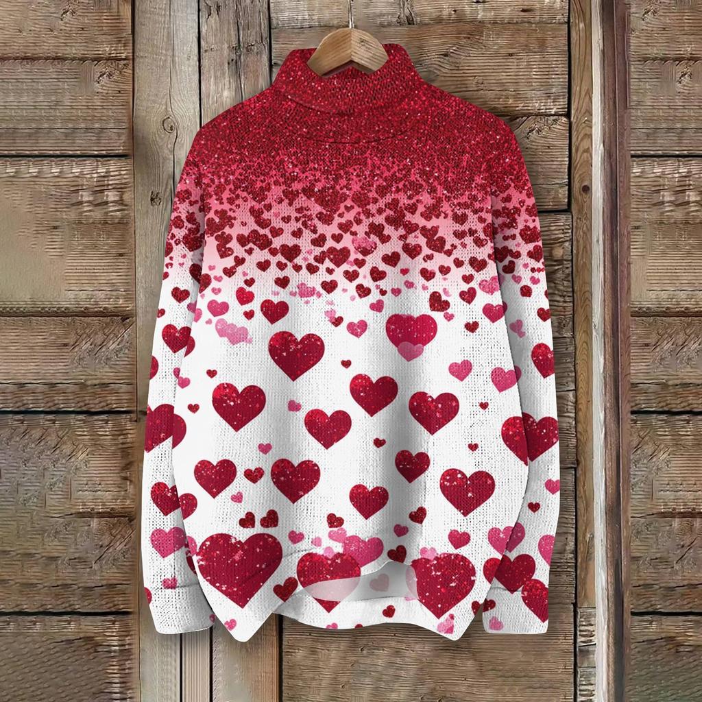 Женская мода, повседневная водолазка с круглым вырезом и длинными рукавами, с принтом ко Дню святого Валентина, трикотажный топ