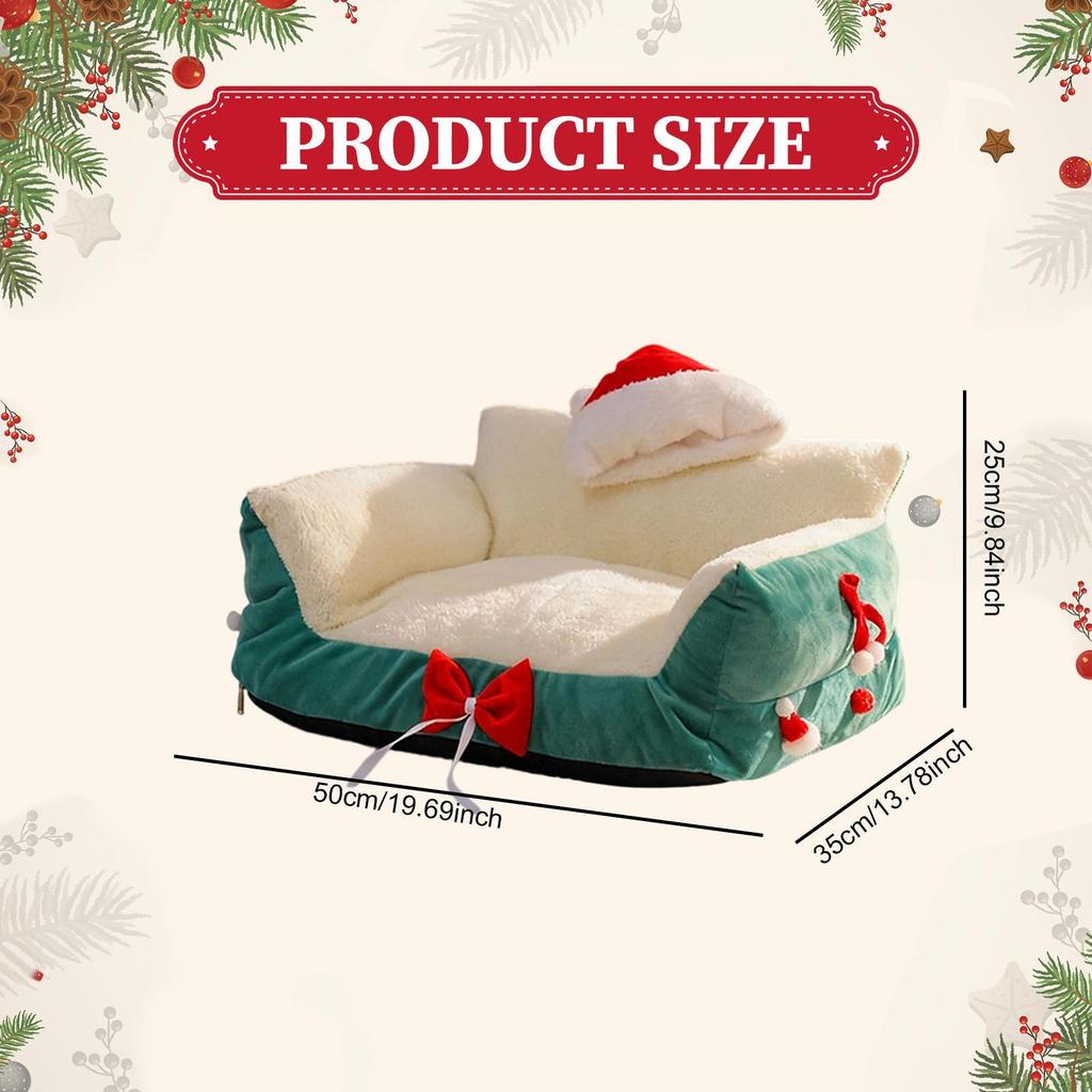 Cat Bed Sofa Pet Couch As Cute Furniture with Christmas Hat And Bows, Scratch-resistant