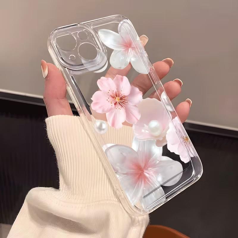 Розовый чехол для телефона с принтом персиковых цветов и жемчугом для iPhone 16 17 Pro Max 15 14 13 12 11 Pro Max 16E X XS 7 8 Plus Прозрачный чехол