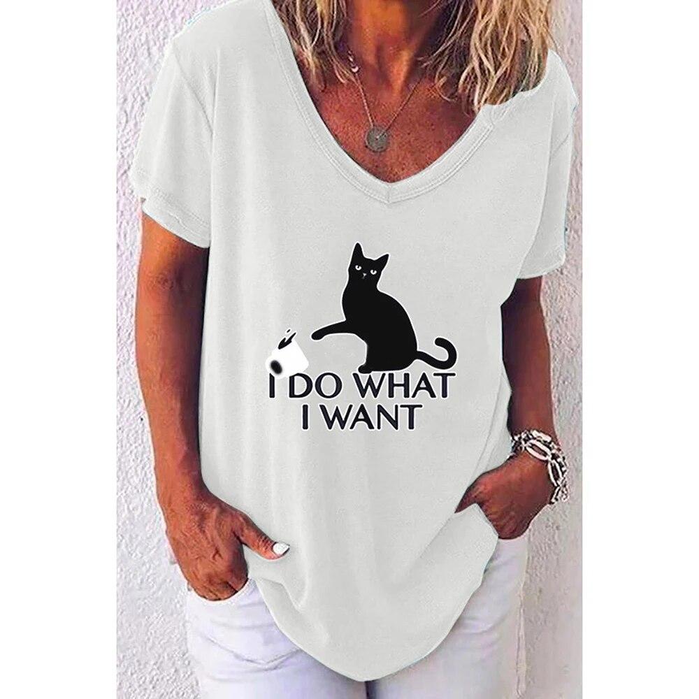 Fashion Woman Blouses T-shirt Women's 3d Cats Print Black Kawaii V-neck T Shirt Female Clothing Oversized Summer Tops Tees