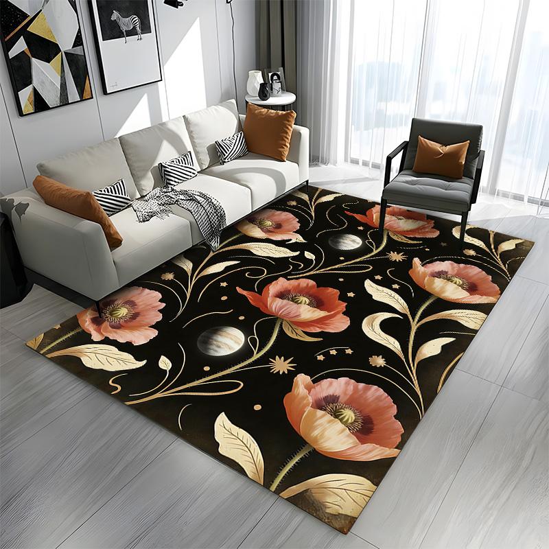 Cosmic Floral Poppies on Black Background Patterned carpet a non slip rug suitable for all seasons and any setting, gift