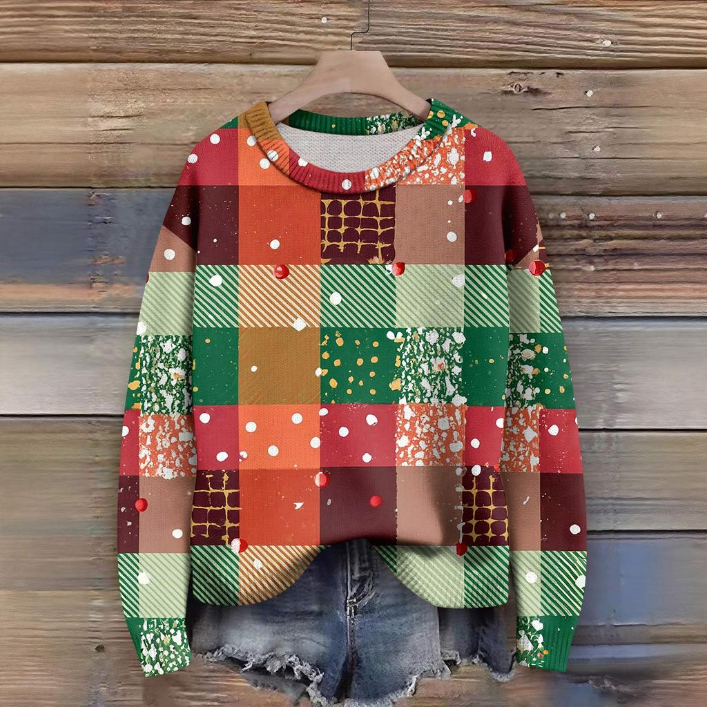 Long Sleeve Pullover Sweaters For Women O Neck Casual Cute Printing Knit Oversized Sweater