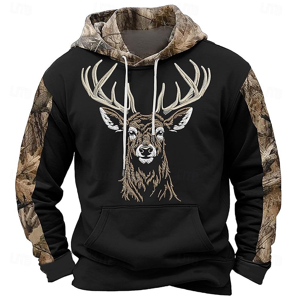 Men's Cowboy Deer Hoodies Daily Casual Long Sleeve Hooded Vacation Sports Outdoor Streetwear Black Yellow Print Front Pocket Spring & Fall Designer