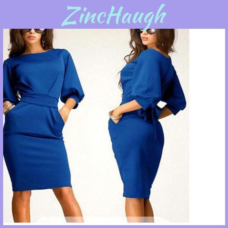 Elegant Women Fashion Sexy Fifth Sleeve Round Neck Pocket Bodycon Cocktail Dress